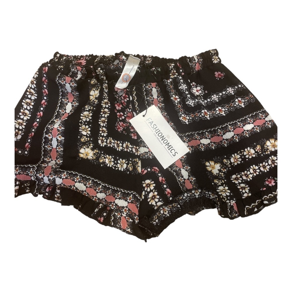 Fashionomics Black and Pink Mid Rise Floral Print Shorts Size Small